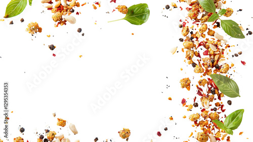 Fototapeta Naklejka Na Ścianę i Meble -  Spices and herbs falling on transparent background, creating culinary frame