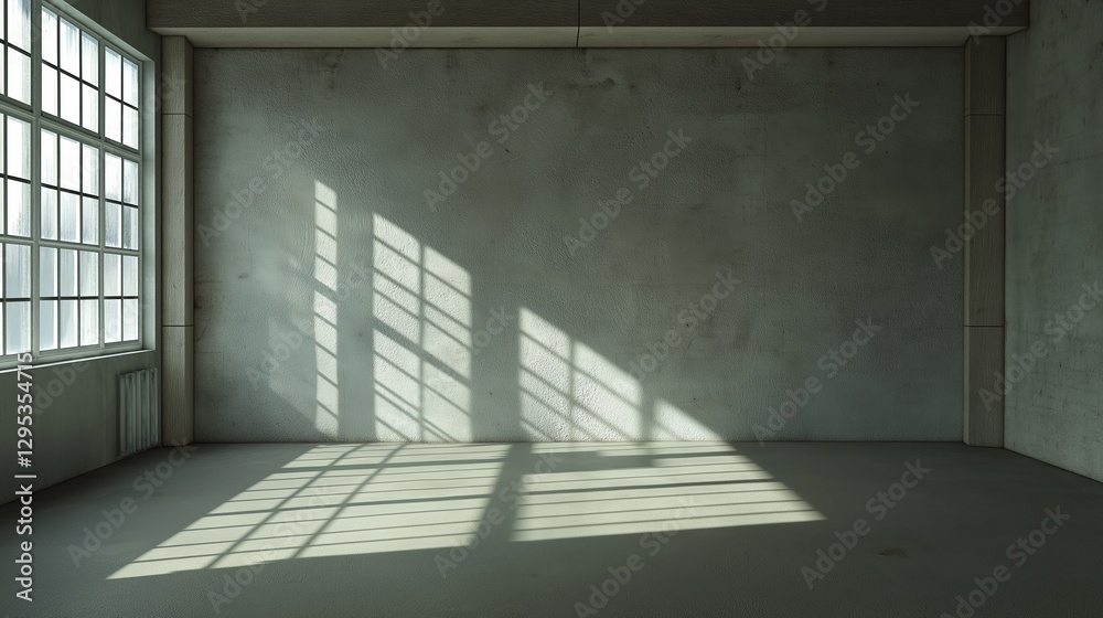 Obraz premium Sunlight casting dramatic shadows through iron bars onto the concrete wall and floor of a dark prison cell