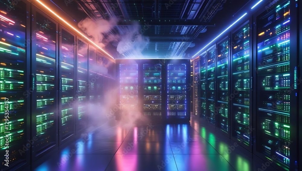 Futuristic Neon-Lit Data Center with Glowing Servers & High-Tech Network Equipment Futuristic Neon-Lit Data Center with Glowing Servers & High-Tech Network Equipment