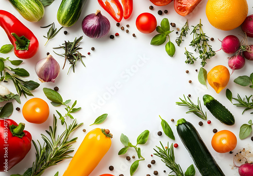 Fresh and Colorful Vegetables and Herbs Arranged Around a Blank White Space, Ideal for Health Food Advertising and Culinary Content Creation to Appeal Audiences