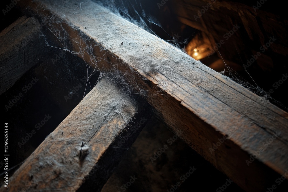 Dusty wooden beam with cobwebs. Illustrates neglect, age, or forgotten spaces. Dusty wooden beam with cobwebs. Illustrates neglect, age, or forgotten spaces.