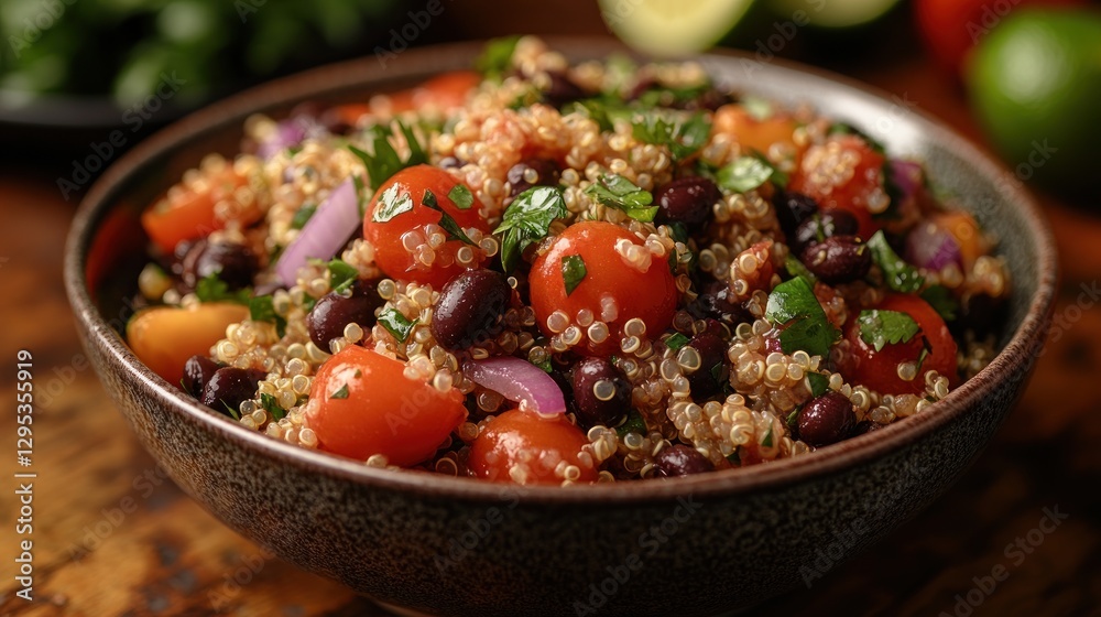 Quinoa salad with black beans, tomatoes, herbs on table Quinoa salad with black beans, tomatoes, herbs on table