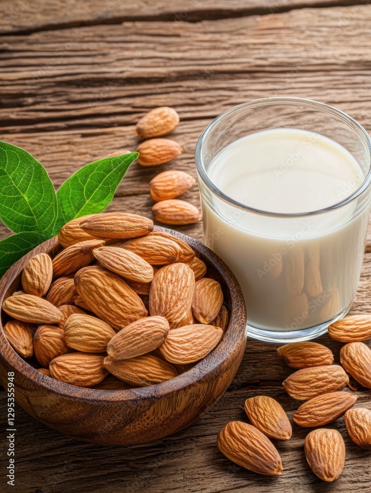 A bowl of almonds beside a glass of almond milk, with fresh green leaves on a rustic wooden surface. A bowl of almonds beside a glass of almond milk, with fresh green leaves on a rustic wooden surface.