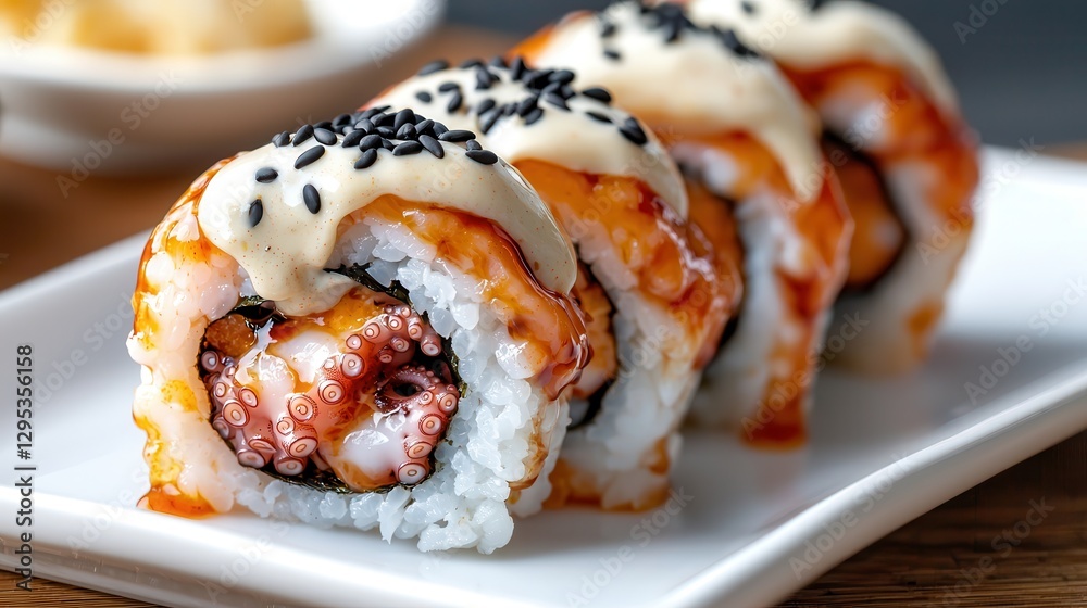 Octopus food: Asian cuisine salad. Delicious sushi rolls topped with creamy sauce on a white plate. Octopus food: Asian cuisine salad. Delicious sushi rolls topped with creamy sauce on a white plate.