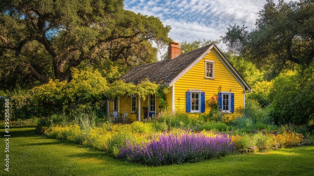 A charming yellow farmhouse with a colorful garden, shaded by old oak trees, under a brilliant summer sky. A charming yellow farmhouse with a colorful garden, shaded by old oak trees, under a brilliant summer sky.