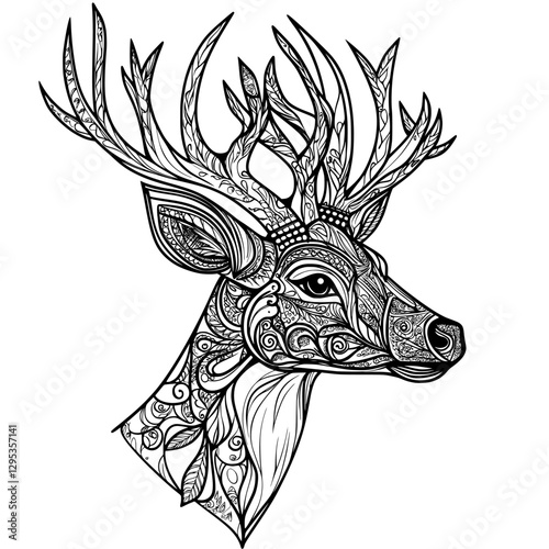 Deer Illustration: A detailed monochrome illustration of a deer showcases a blend of art and nature with intricate patterns on its body and majestic antlers.