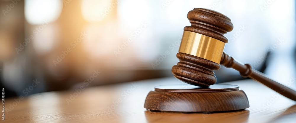 Beautifully crafted wooden gavel resting on a table symbolizing authority and justice in a courtroom or legal setting Beautifully crafted wooden gavel resting on a table symbolizing authority and justice in a courtroom or legal setting