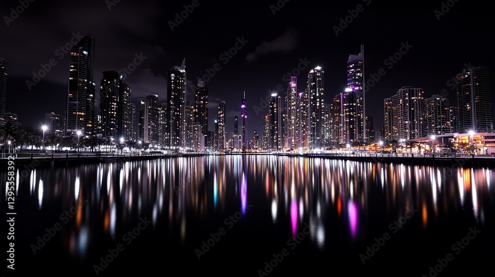 Fototapeta premium City skyline at night reflected in water.