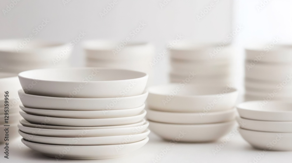 6.A detailed composition featuring stackable ceramic plates and bowls in soft off-white tones, placed symmetrically against a white surface, emphasizing their simplicity and form. 6.A detailed composition featuring stackable ceramic plates and bowls in soft off-white tones, placed symmetrically against a white surface, emphasizing their simplicity and form.