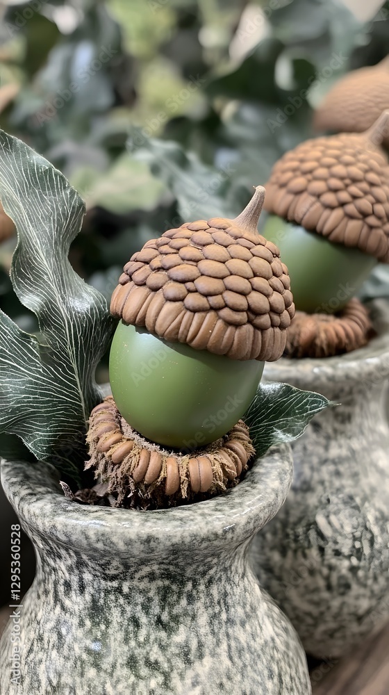 Autumnal Acorn Decor in Speckled Vases Still Life Photography Autumnal Acorn Decor in Speckled Vases Still Life Photography