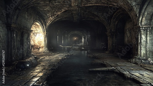 Mysterious Underground Tunnel with Arches and Standing Water creates a sense of mystery and intrigue