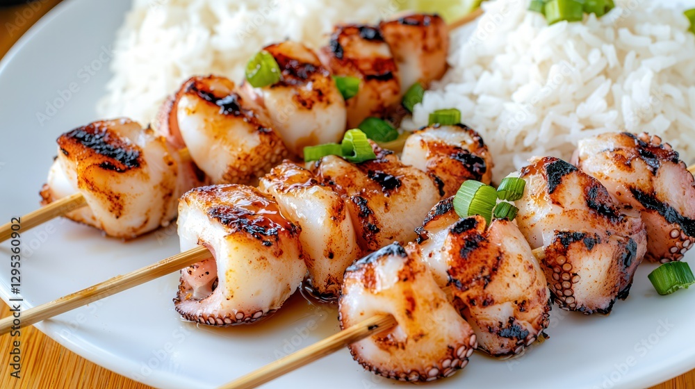 Octopus food: Asian cuisine salad. Grilled seafood skewers served with rice and green onions. Octopus food: Asian cuisine salad. Grilled seafood skewers served with rice and green onions.