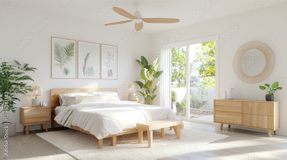 Fototapeta premium serene bedroom with minimalist bed frame, neutral tones, and natural light