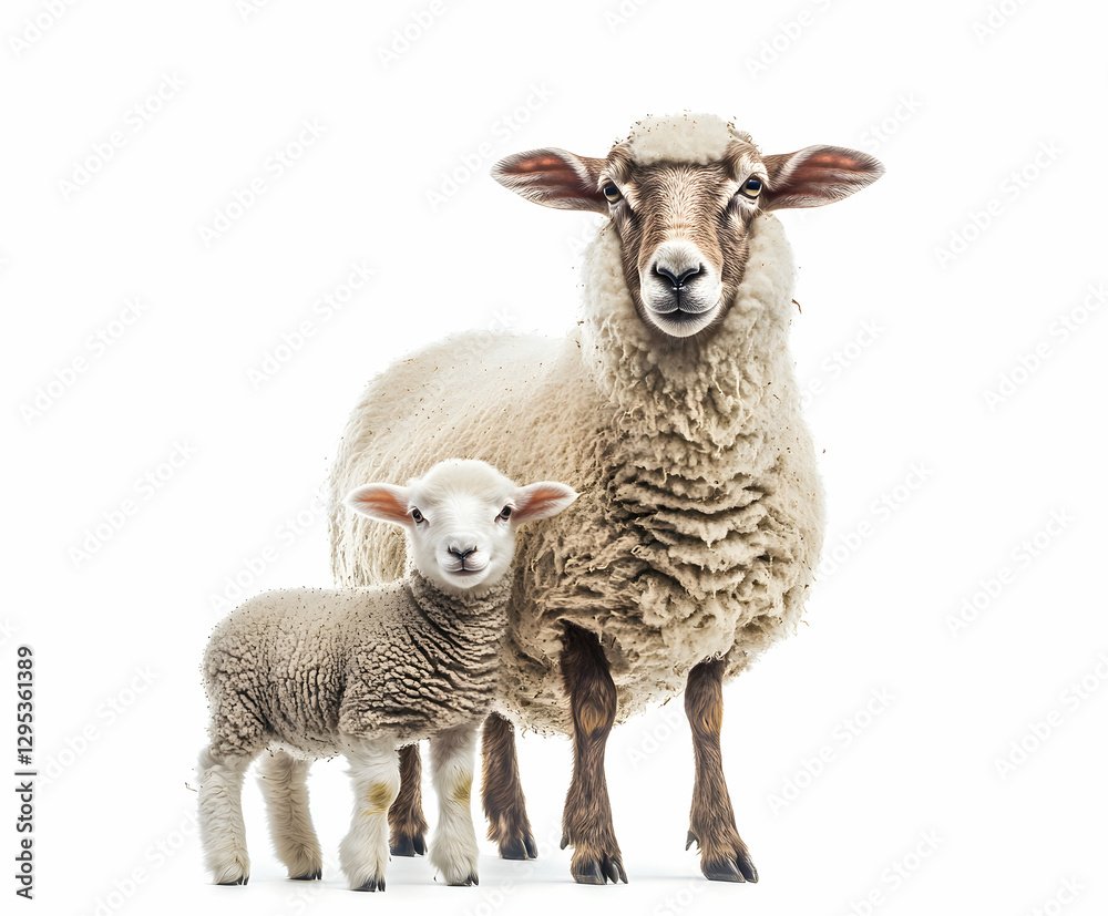 Obraz premium Heartwarming Portrait of a Ewe with Her Adorable Lamb, Symbolizing Motherhood and New Life on a Pure White Canvas, Creating a Serene and Peaceful Image