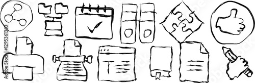 Collection of copyright line icons in doodle style .hand drawn icon Writer pen and typewriter for writing articles, magnet for attracting blog followers and feedback, new ideas for text thin black