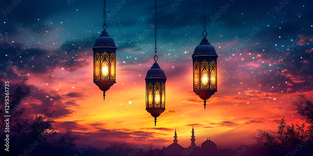 Obraz premium New Islamic Year Celebration 1446 H, traditional decorations, vibrant festivities, Islamic calligraphy, crescent moon and stars, warm lighting, cultural attire