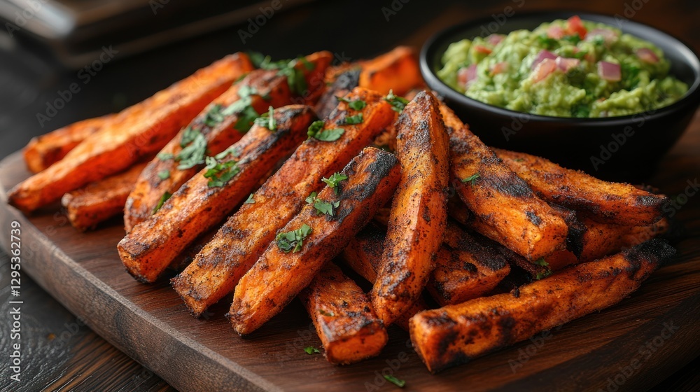 Roasted sweet potato fries with guacamole on wooden board Roasted sweet potato fries with guacamole on wooden board
