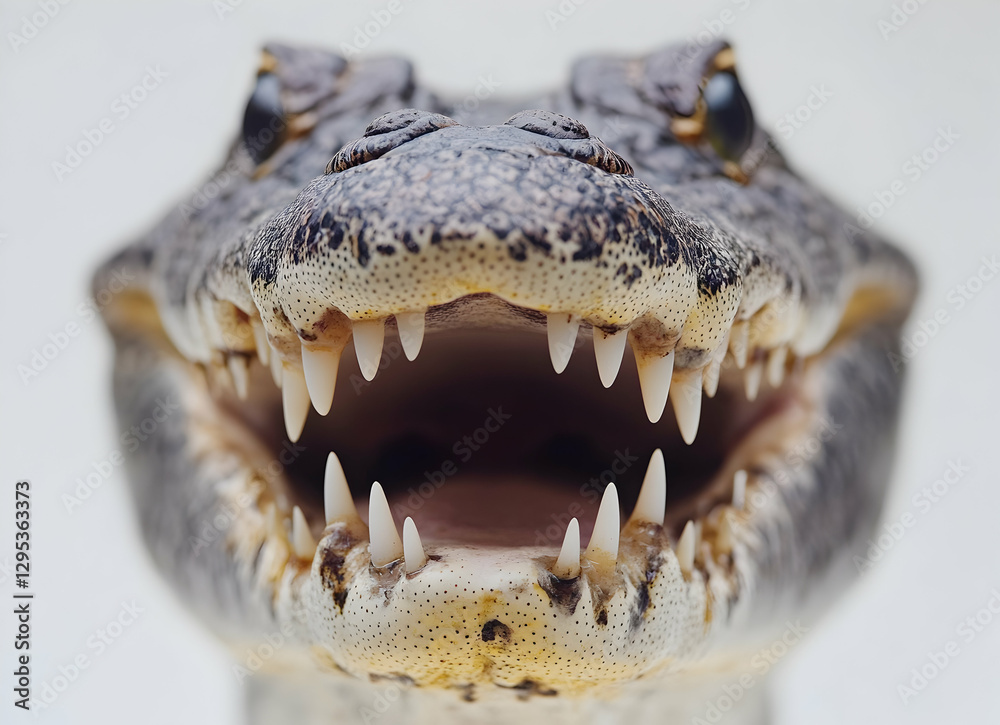 Obraz premium Intimate portrait showcasing the formidable teeth of an alligator, capturing the raw power and primal nature of this apex predator with compelling clarity
