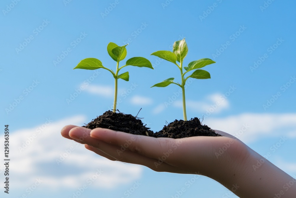 hand holding two green trees growing on the palm, with a light blue sky background. A small piece of earth in between the trees has a tree with sunlight shining down from above hand holding two green trees growing on the palm, with a light blue sky background. A small piece of earth in between the trees has a tree with sunlight shining down from above