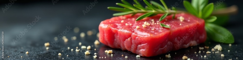 Raw beef cutlet seasoned with garlic & rosemary Dark backdrop , isolated, steak, rosemary Raw beef cutlet seasoned with garlic & rosemary Dark backdrop , isolated, steak, rosemary