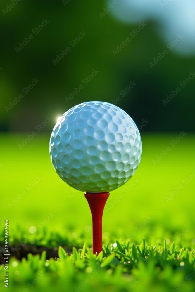 Ready for tee-off Golf ball perfectly positioned on tee , tee-off, white, fairway Ready for tee-off Golf ball perfectly positioned on tee , tee-off, white, fairway