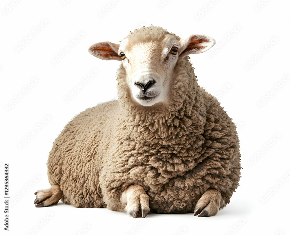 Isolated Portrait of a Calm White Sheep Resting Peacefully Against a Clean White Background, Symbolizing Serenity and Rural Pastoral Life Isolated Portrait of a Calm White Sheep Resting Peacefully Against a Clean White Background, Symbolizing Serenity and Rural Pastoral Life