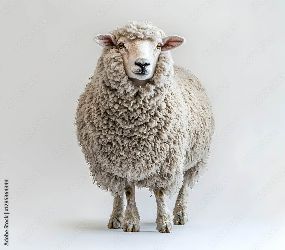 Fototapeta premium Isolated Portrait of a Fluffy White Sheep Standing on a Seamless White Background, Capturing the Essence of Farm Animals and Agricultural Imagery
