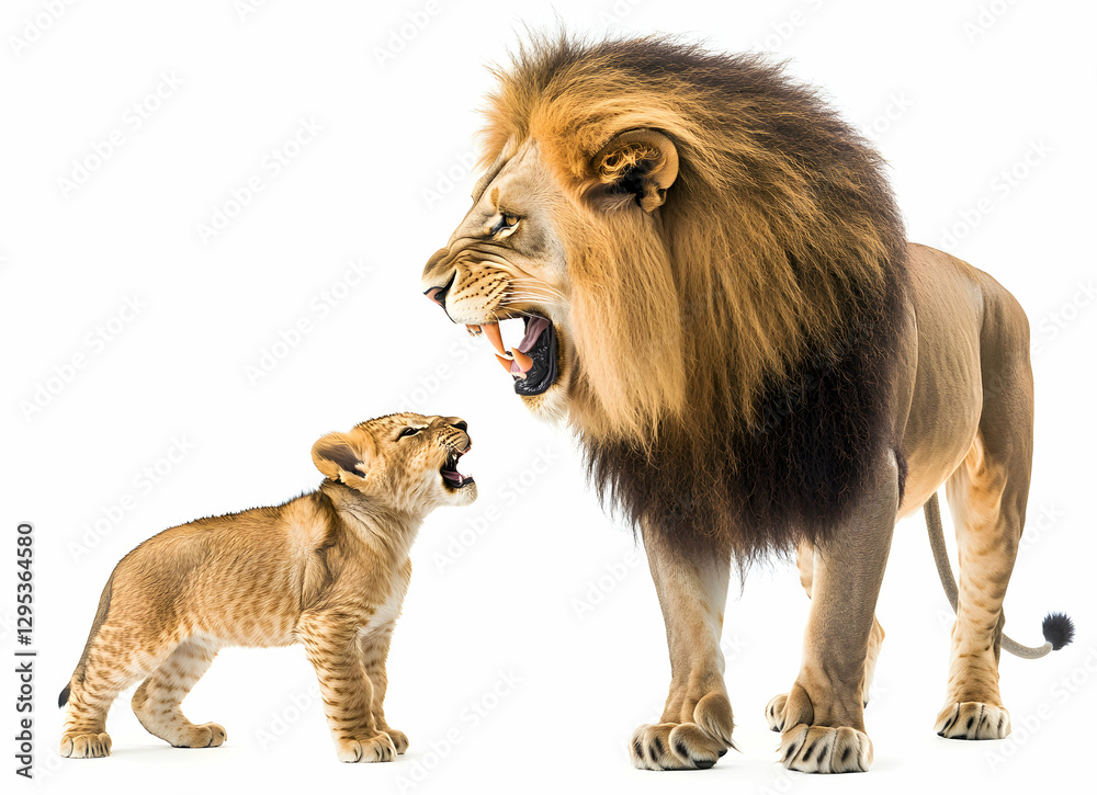 Obraz premium Lion and Cub Roaring on White Background, A Powerful Display of Family Bond and Instinctive Behavior in the Animal Kingdom, Majestic Wildlife Imagery