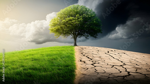 Juxtaposition of Life and Decay, A Single Tree Standing on a Landscape Divided Between Lush Greenery and Cracked, Barren Earth Symbolizing Environmental Change