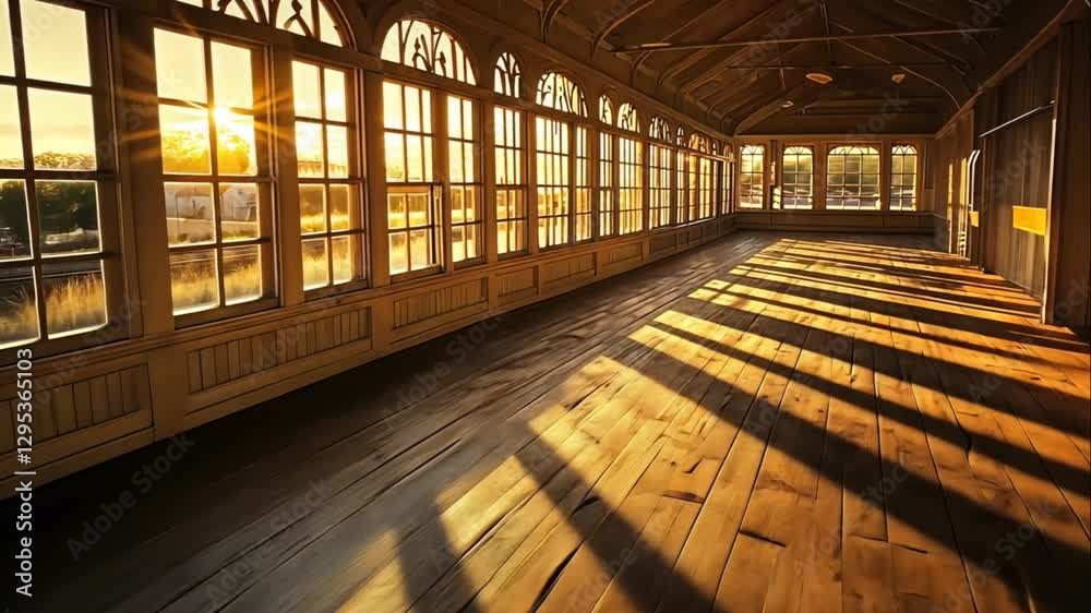Sunbeams stream through many windows into a long wooden hall with hardwood floors, casting shadows.