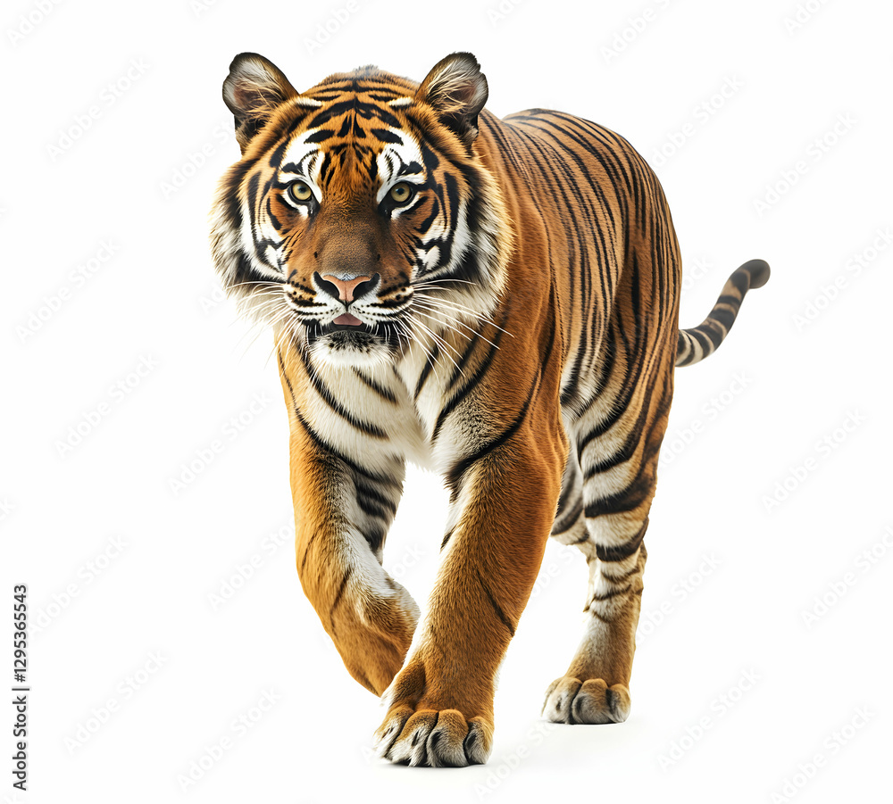 Obraz premium Magnificent Bengal Tiger Strolling Confidently in Isolation, A Striking Wildlife Portrait Capturing the Essence and Power of this Majestic Predator on a Clean Background