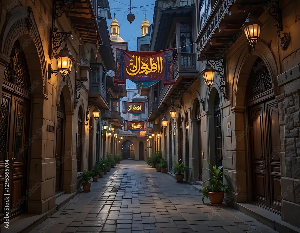 Fototapeta premium Enchanted Arabian Alley: A Serene Twilight Streetscape