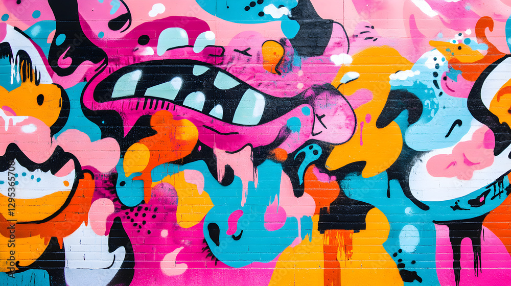 street art mural bursting with graffiti in neon pinks, electric blues, and fiery oranges covering an urban wall street art mural bursting with graffiti in neon pinks, electric blues, and fiery oranges covering an urban wall