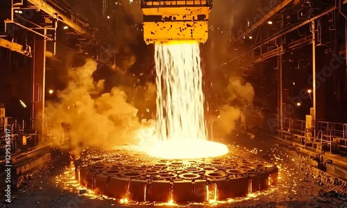 Molten Metal Pouring into Molds Under Glowing Orange Light in Steel Plant Interior