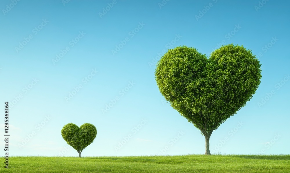 green tree shaped like two projects on the right side of an open field with a blue sky background. One tree is smaller than the other and is on the larger left side green tree shaped like two projects on the right side of an open field with a blue sky background. One tree is smaller than the other and is on the larger left side