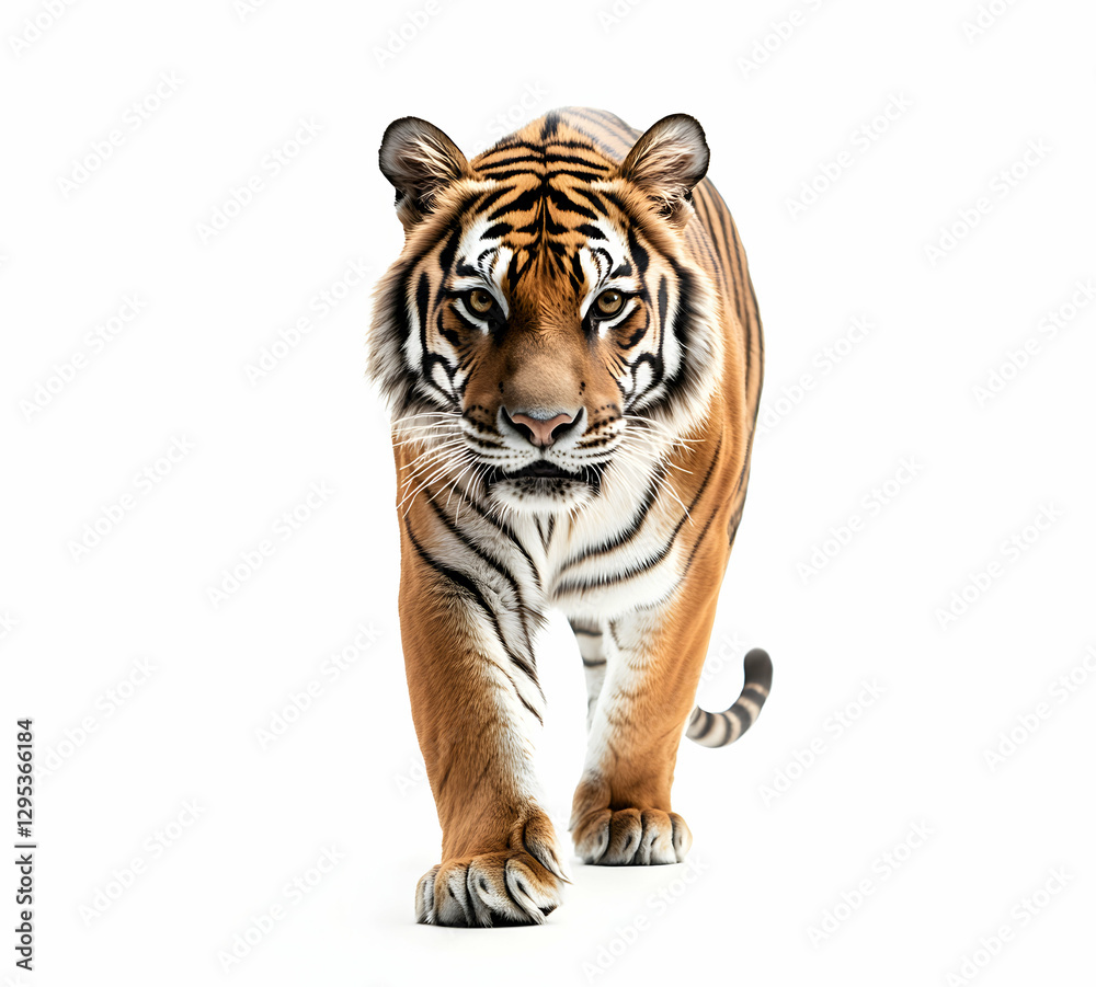 Fototapeta premium Magnificent Tiger Strolling Forward on Pure White Canvas, Showcasing its Majestic Stripes and Powerful Gait in Striking Detail and Isolation