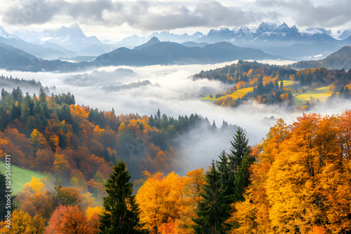 Majestic alpine scenery, a symphony of autumn colors, fog-shrouded valleys, and snow-capped peaks under a cloudy sky, capturing nature's serene beauty