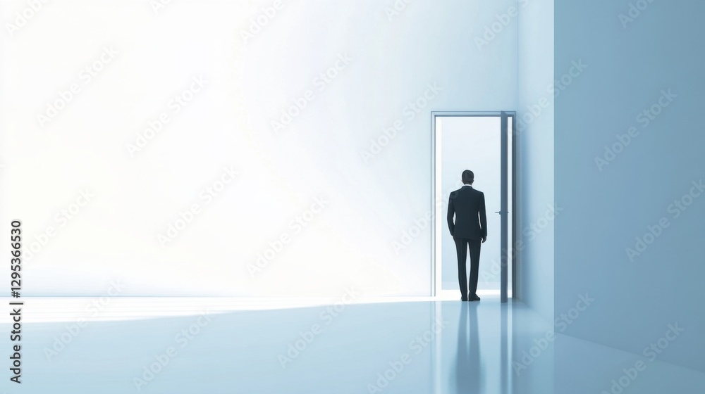 Obraz premium Executive departures with an office building with the door closing. Featuring leadership change and career transition