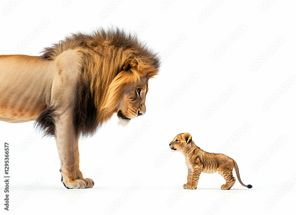Obraz premium Majestic Encounter, An Adult Lion Gazes Upon Its Tiny Cub in a Studio Shot Revealing the tenderness and protective nature of the king of the jungle
