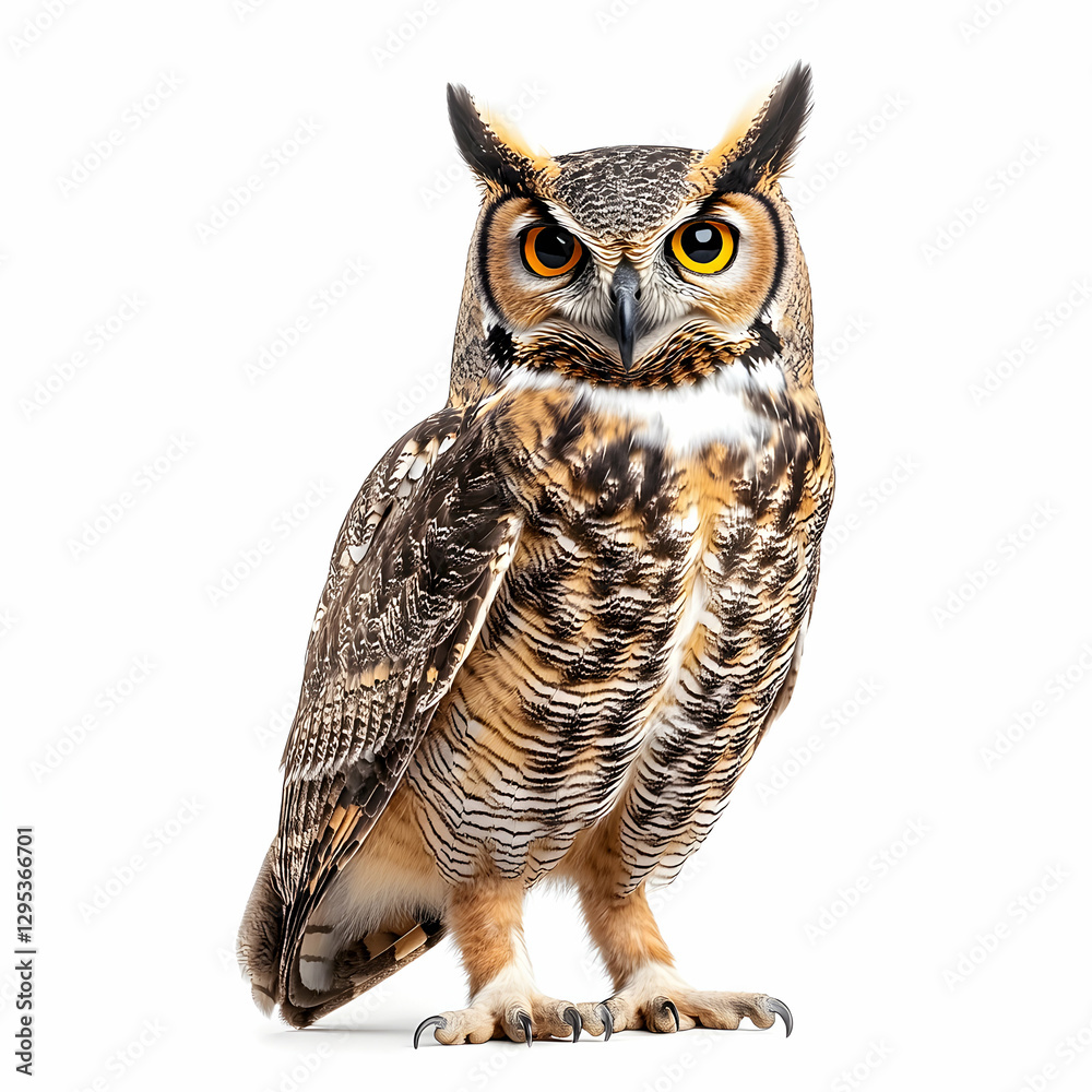 Fototapeta premium Majestic Great Horned Owl Portrait, A Captivating Gaze on Isolated White Backdrop Showcasing Detailed Plumage and Intense Yellow Eyes Emitting Wisdom and Mystery