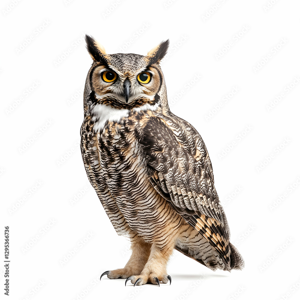 Obraz premium Majestic Great Horned Owl Portrait, Striking Bird of Prey with Intense Gaze on a Clean White Background, Ideal for Educational and Conservation Projects