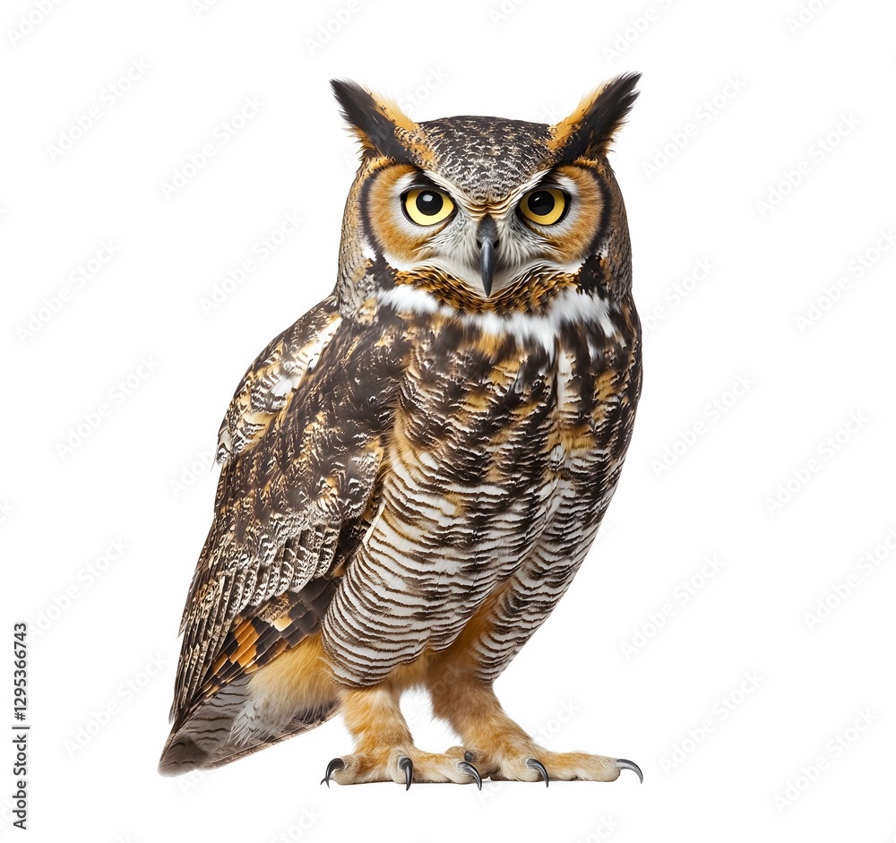 Fototapeta premium Majestic Great Horned Owl Portrait, Striking Yellow Eyes and Intricate Feather Details Against a Clean White Background Showcasing Nature's Beauty