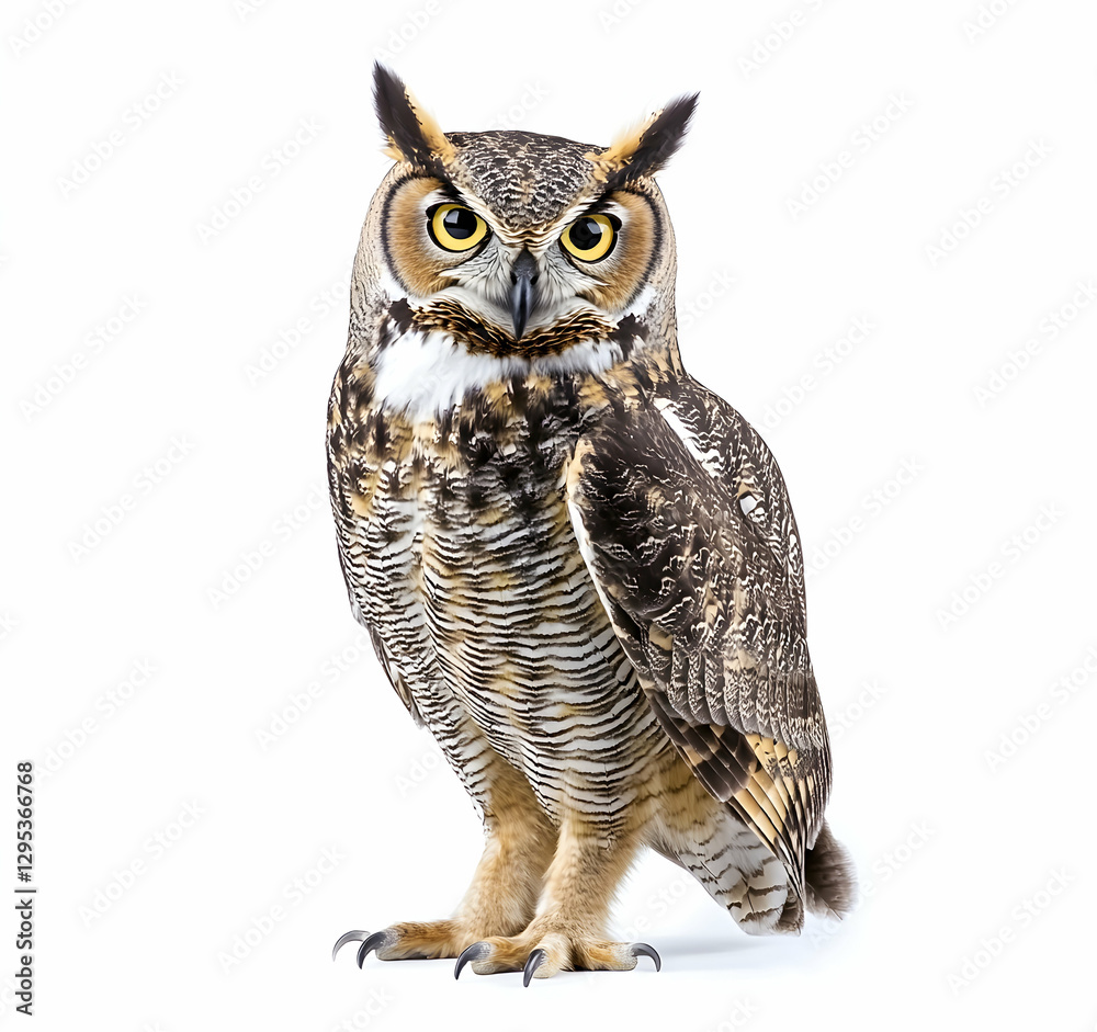 Fototapeta premium Majestic Great Horned Owl Portrait, Capturing the Striking Gaze and Detailed Plumage of a Wild Raptor in Sharp Focus on a Clean White Background