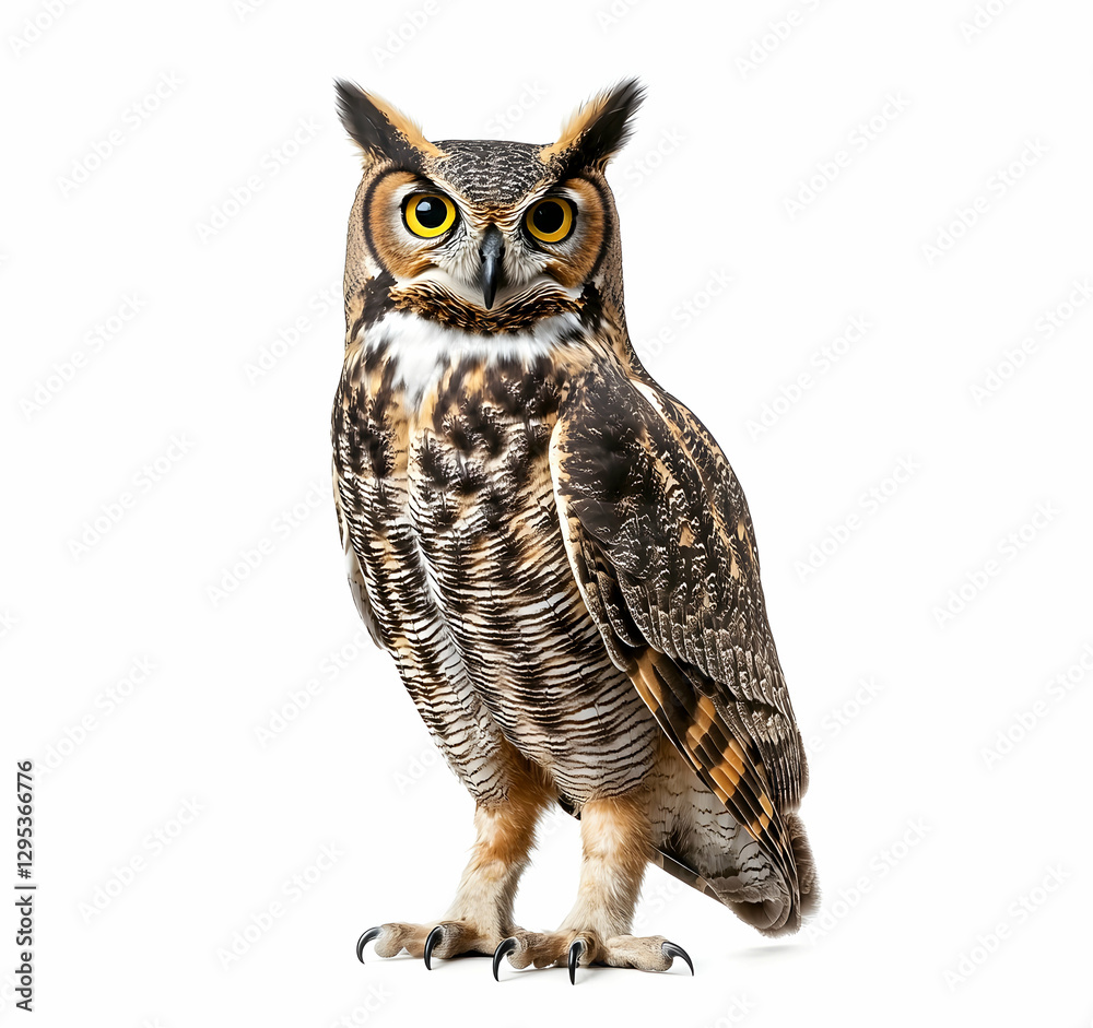 Obraz premium Majestic Great Horned Owl Standing Tall, A Captivating Studio Shot Showcasing its Striking Plumage and Intense Gaze against a Pristine White Background, Inviting Awe and Admiration