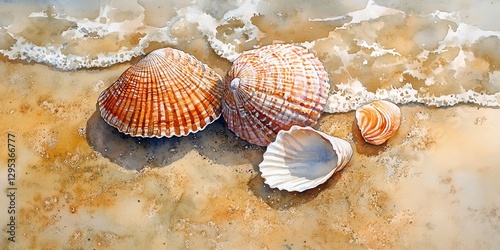 Seashells on Sandy Beach Watercolor Painting