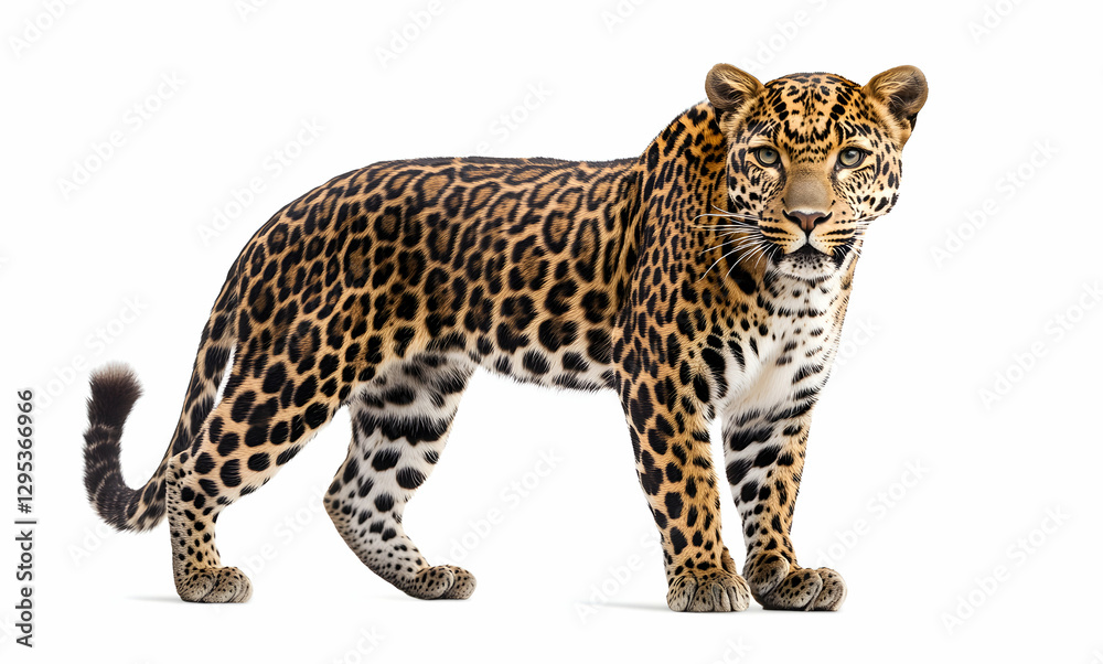 Majestic Leopard Standing Tall Isolated on White Background, Showcasing its Beautiful Spotted Coat and Powerful Stance in a Striking Studio Portrait Majestic Leopard Standing Tall Isolated on White Background, Showcasing its Beautiful Spotted Coat and Powerful Stance in a Striking Studio Portrait