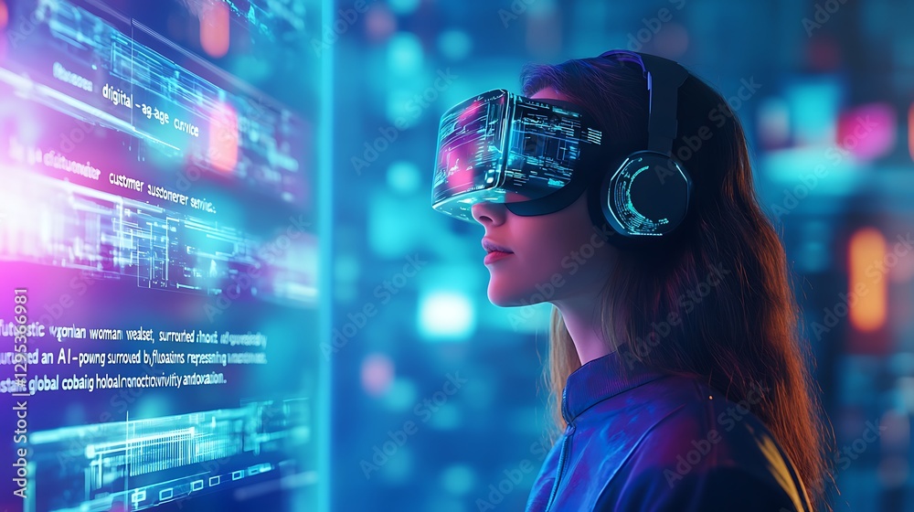Woman Experiencing Immersive Virtual Reality Metaverse Woman Experiencing Immersive Virtual Reality Metaverse