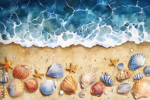 Seashells on Sandy Beach with Ocean Wave Watercolor Painting