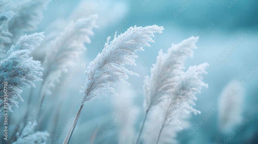 White Grassy Plants Swaying in a Gentle Soft Blue Atmosphere White Grassy Plants Swaying in a Gentle Soft Blue Atmosphere