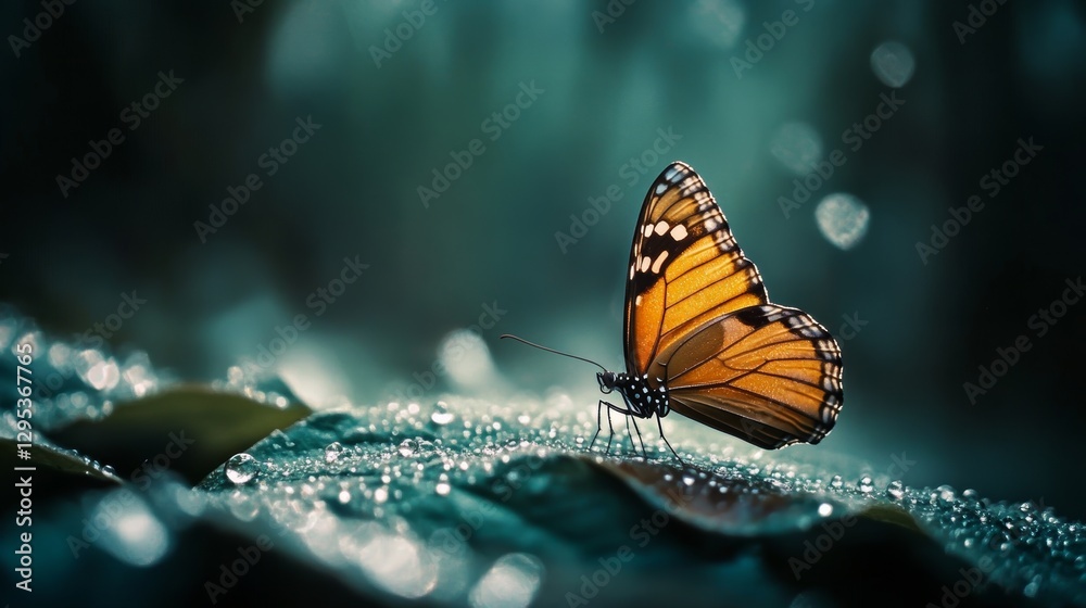 Obraz premium Monarch on Dewy Leaf: Delicate Landing 